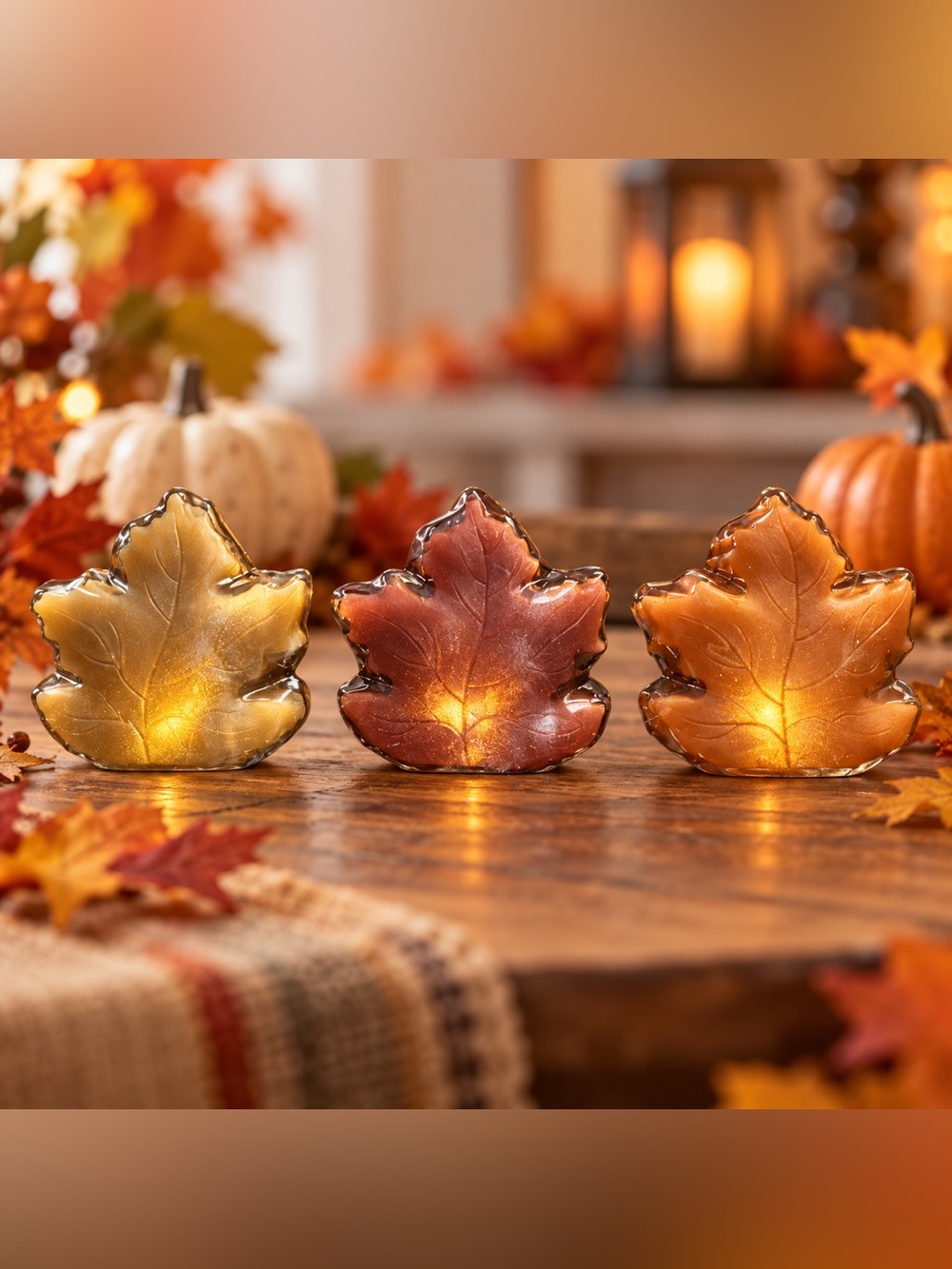 Mikasa Set of 3 Light Up LED Fall Leaf Figurines Thanksgiving Decor NIP